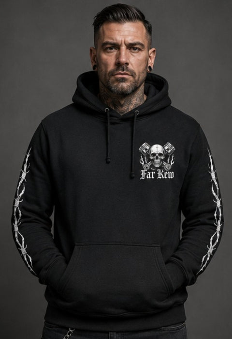 Far Kew Scull and Crossed  Pistons Hoodie Back Print