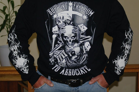 BIKER SKULL EUREKA FLAG T SHIRT SUPPORT FREEDOM TO ASSOCIATE LONG SLEEVE NO VLAD