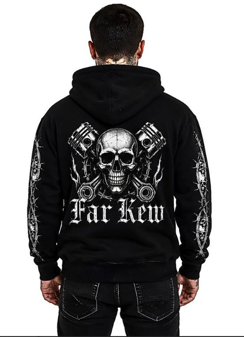 Far Kew Scull and Crossed  Pistons Hoodie Back Print