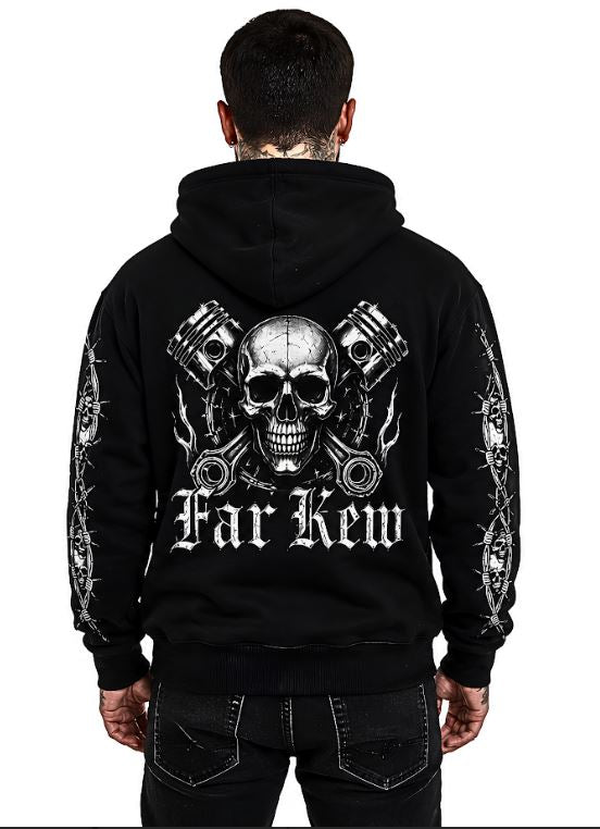 Far Kew Scull and Crossed  Pistons Hoodie Back Print