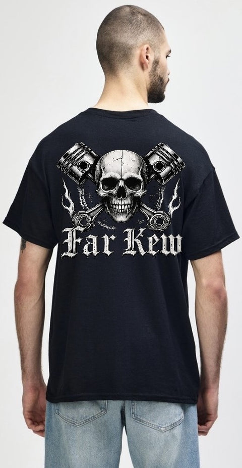 Far Kew Skull and Crossed Pistons Back Print - Short Sleeve T-Shirt