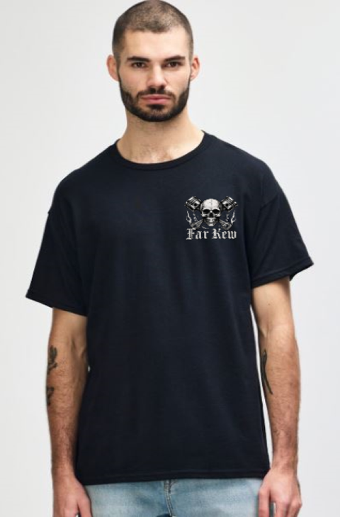 Far Kew Skull and Crossed Pistons Back Print - Short Sleeve T-Shirt